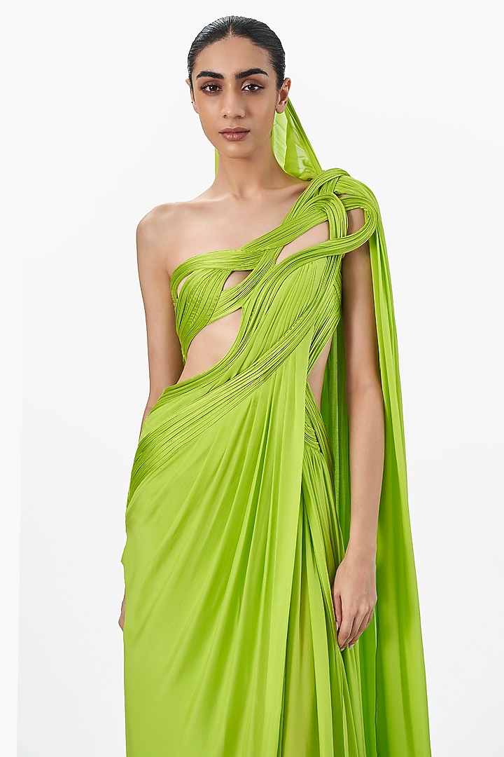 Neon Green Silk Chiffon Draped Bridal Gown Saree by Gaurav Gupta at Pernia's Pop Up Shop