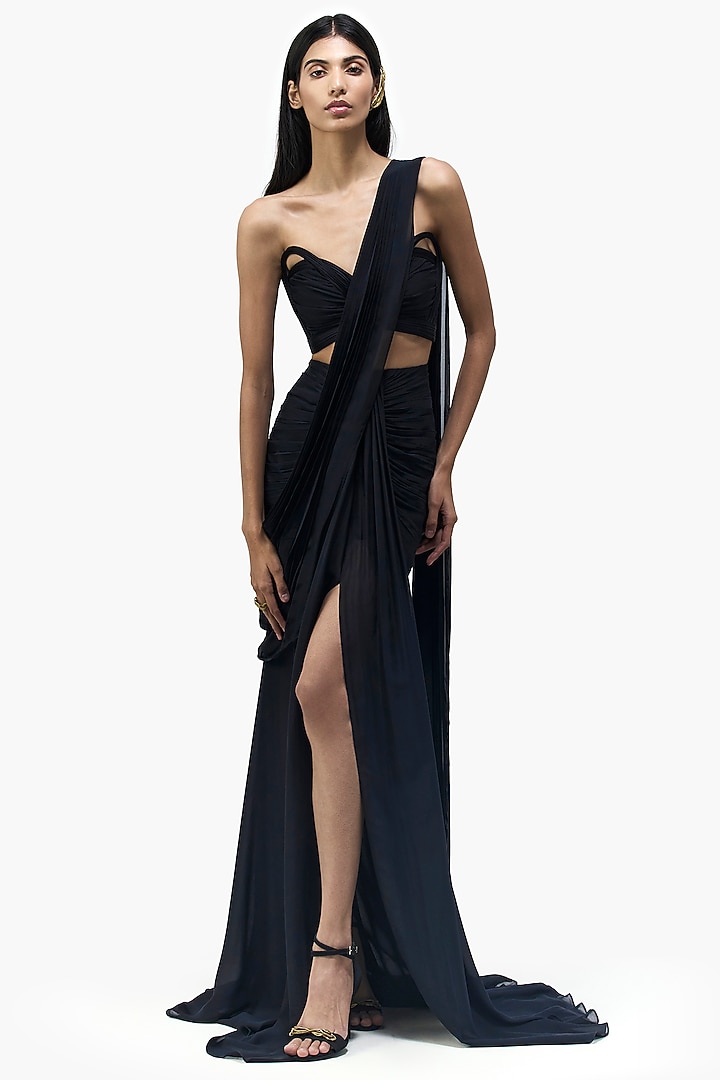 Black Silk Chiffon Bridal Gown Saree by Gaurav Gupta at Pernia's Pop Up Shop