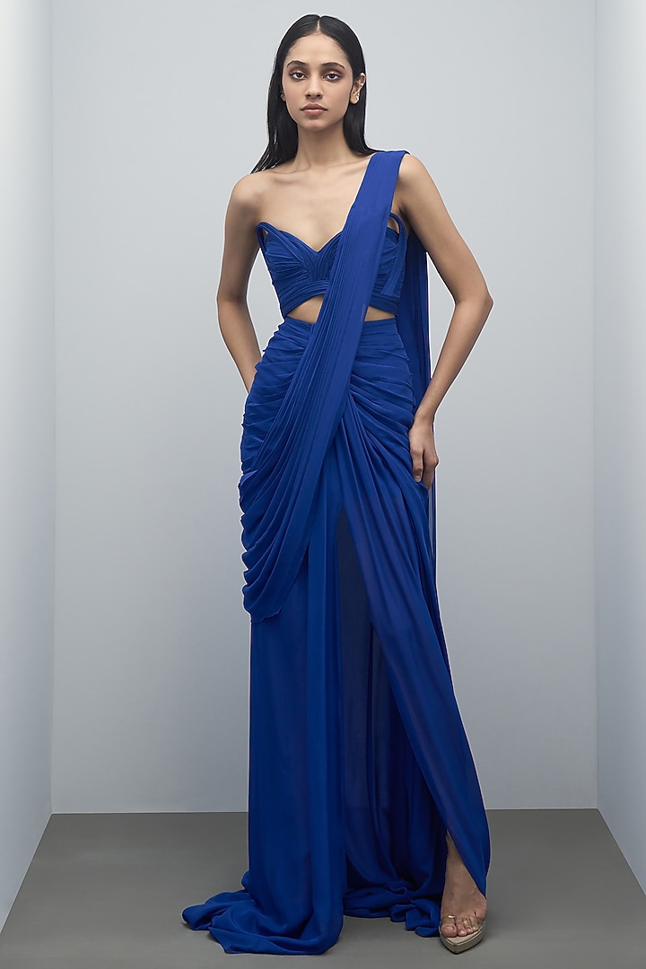 Electric Blue Silk Chiffon Bridal Gown Saree by Gaurav Gupta at Pernia's Pop Up Shop