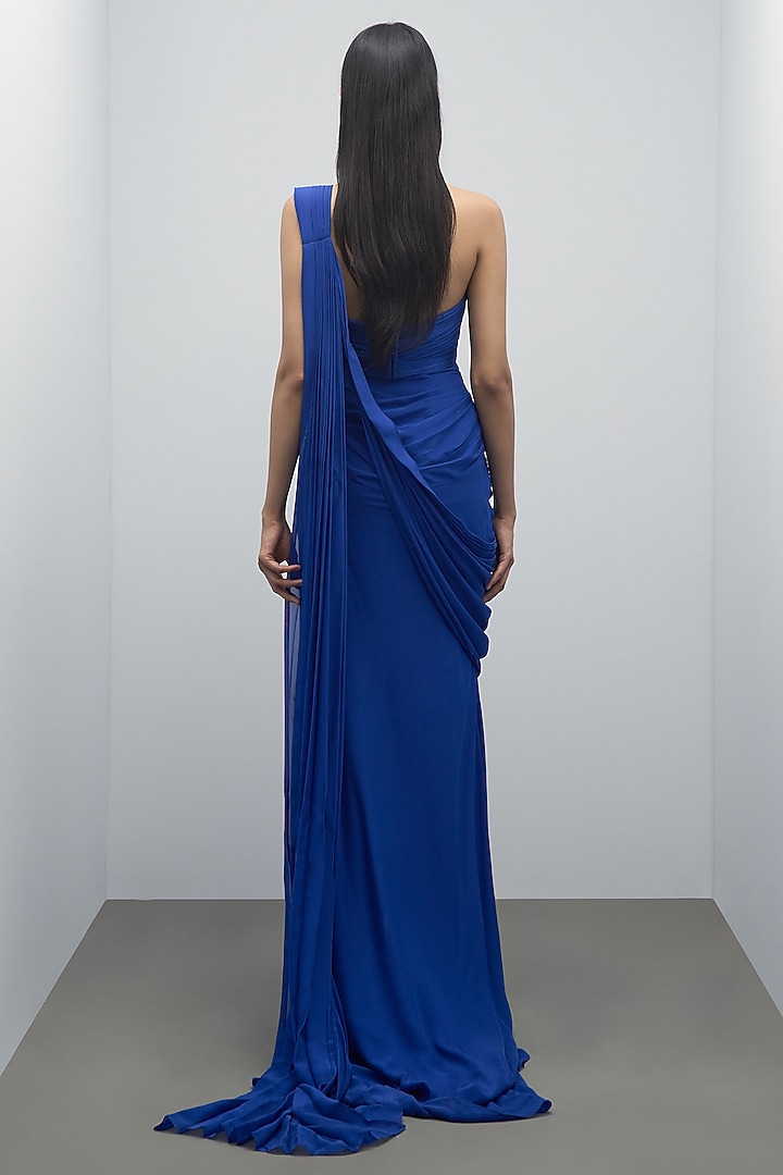 Electric Blue Silk Chiffon Bridal Gown Saree by Gaurav Gupta at Pernia's Pop Up Shop