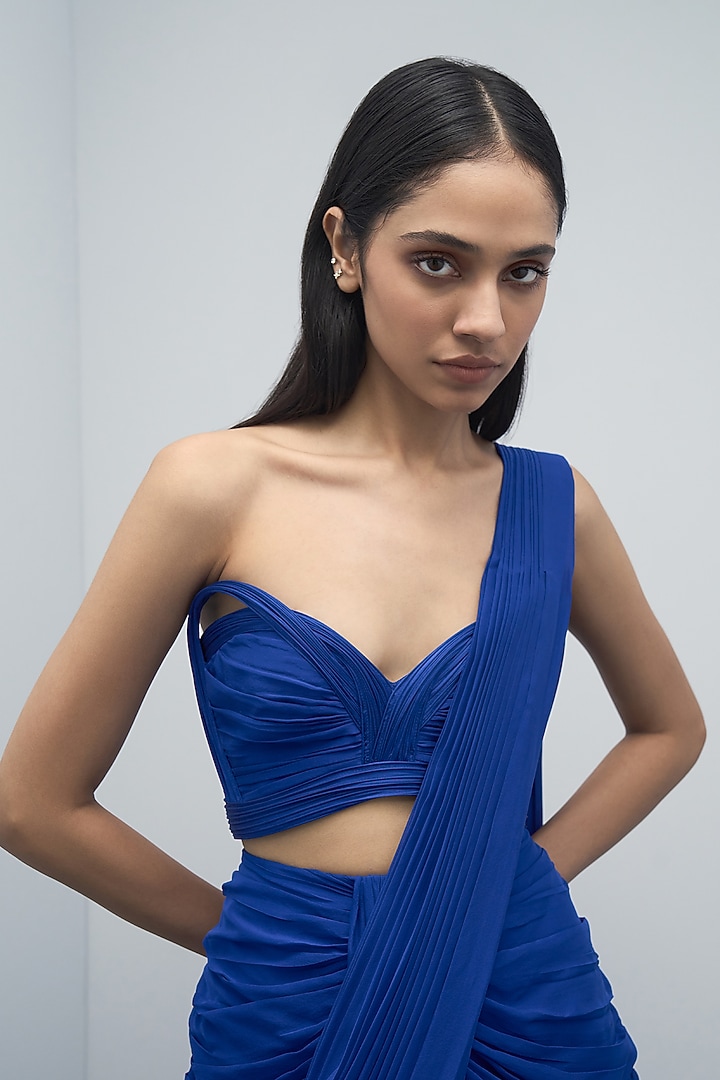 Electric Blue Silk Chiffon Bridal Gown Saree by Gaurav Gupta at Pernia's Pop Up Shop