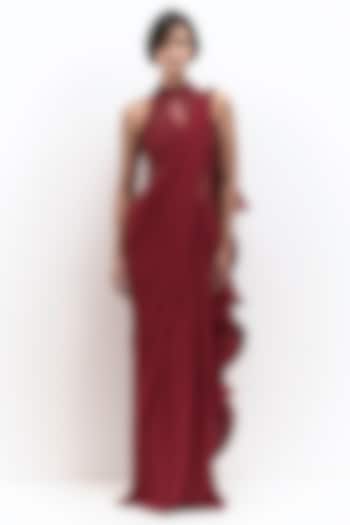 Lava Red Viscose Georgette Embroidered Bridal Gown Saree by Gaurav Gupta at Pernia's Pop Up Shop