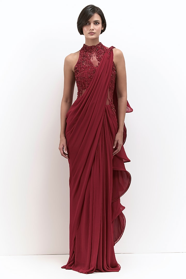 Lava Red Viscose Georgette Embroidered Bridal Gown Saree by Gaurav Gupta at Pernia's Pop Up Shop