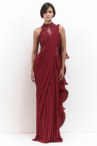 Lava Red Viscose Georgette Embroidered Gown Saree by Gaurav Gupta