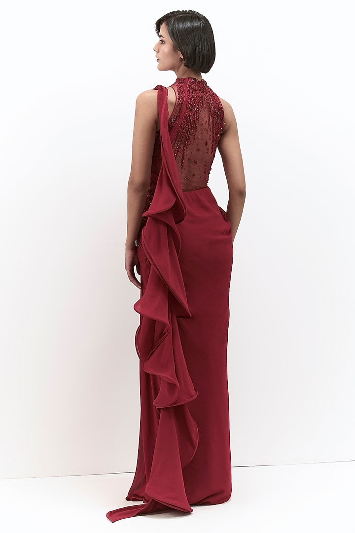 Lava Red Viscose Georgette Embroidered Bridal Gown Saree by Gaurav Gupta at Pernia's Pop Up Shop