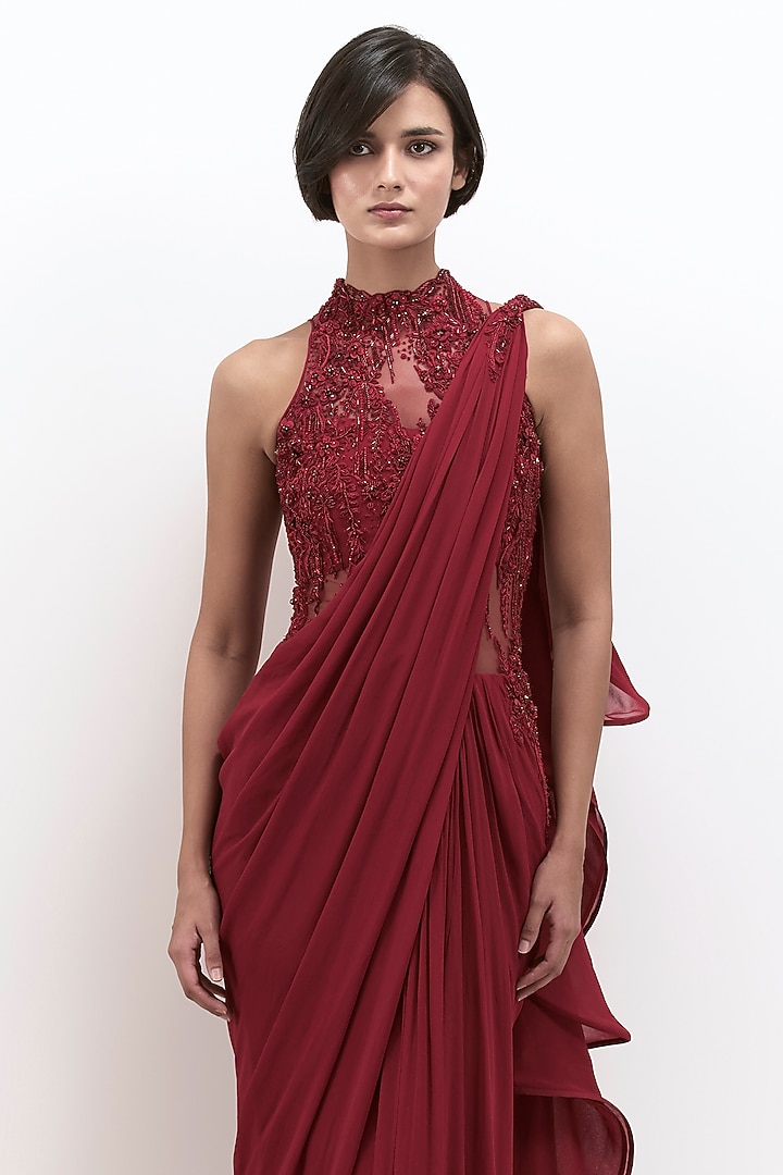 Lava Red Viscose Georgette Embroidered Bridal Gown Saree by Gaurav Gupta at Pernia's Pop Up Shop