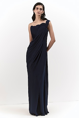 Midnight Blue Silk Chiffon Gown Saree by Gaurav Gupta