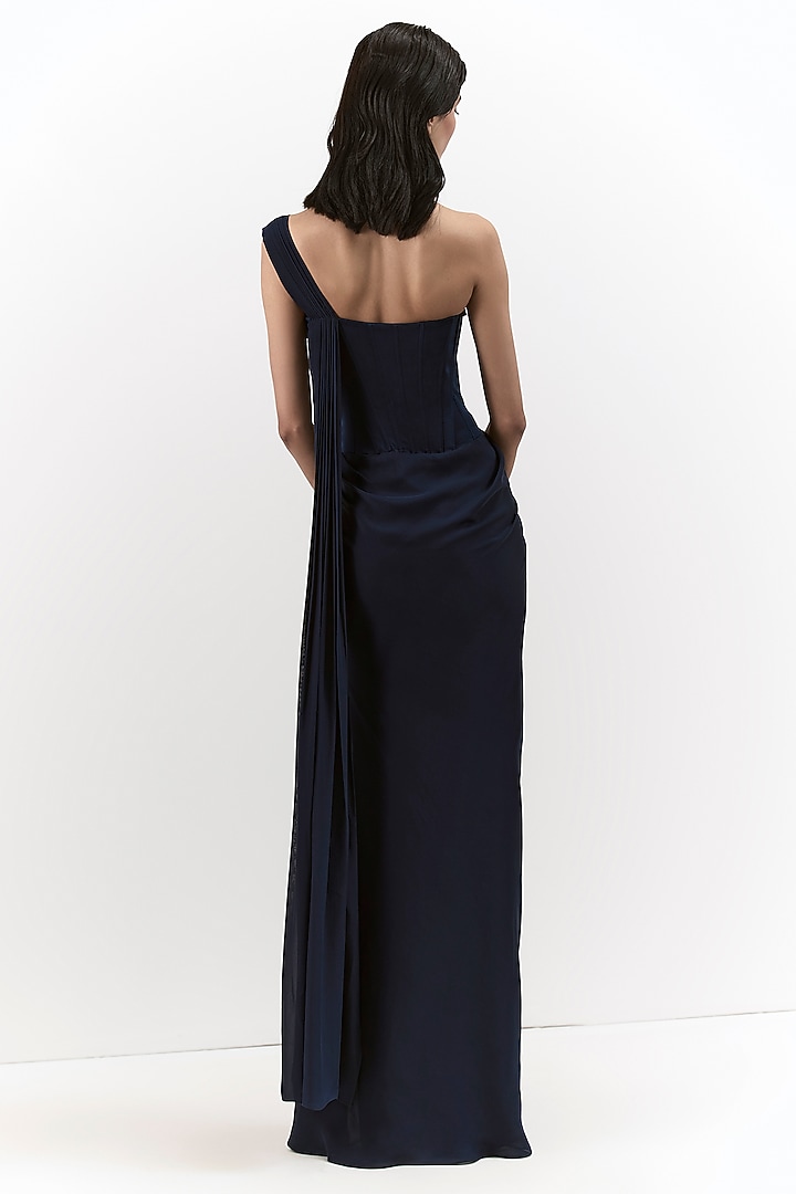 Midnight Blue Silk Chiffon Bridal Gown Saree by Gaurav Gupta at Pernia's Pop Up Shop