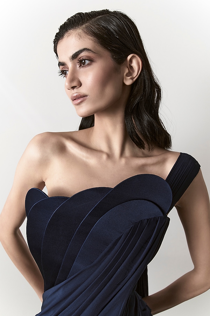 Midnight Blue Silk Chiffon Bridal Gown Saree by Gaurav Gupta at Pernia's Pop Up Shop