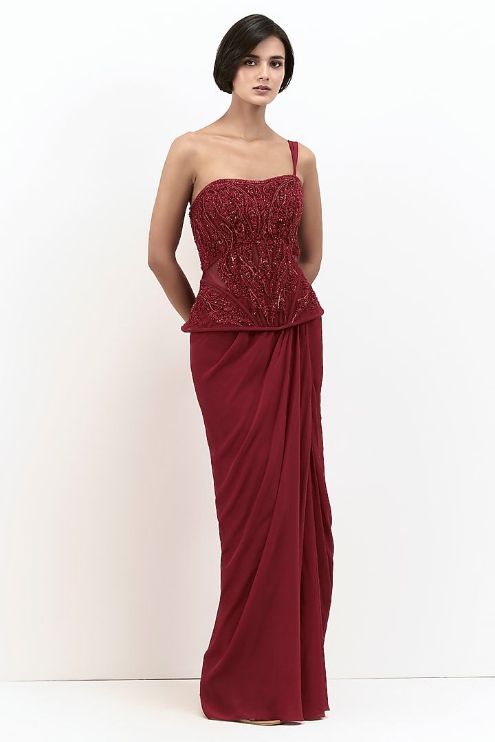Wine Silk Chiffon Corset Bridal Gown Saree by Gaurav Gupta at Pernia's Pop Up Shop