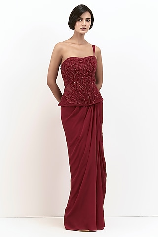 Wine Silk Chiffon Corset Gown Saree by Gaurav Gupta