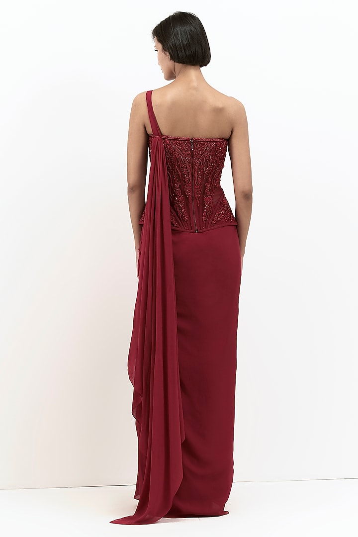 Wine Silk Chiffon Corset Bridal Gown Saree by Gaurav Gupta at Pernia's Pop Up Shop