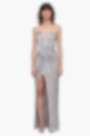 Silver Ash Satin Embroidered Strapless Bridal Gown by Gaurav Gupta at Pernia's Pop Up Shop