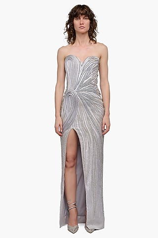 Silver Ash Satin Embroidered Strapless Gown by Gaurav Gupta