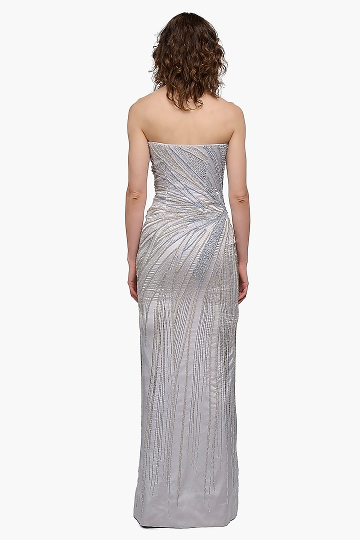 Silver Ash Satin Embroidered Strapless Bridal Gown by Gaurav Gupta at Pernia's Pop Up Shop