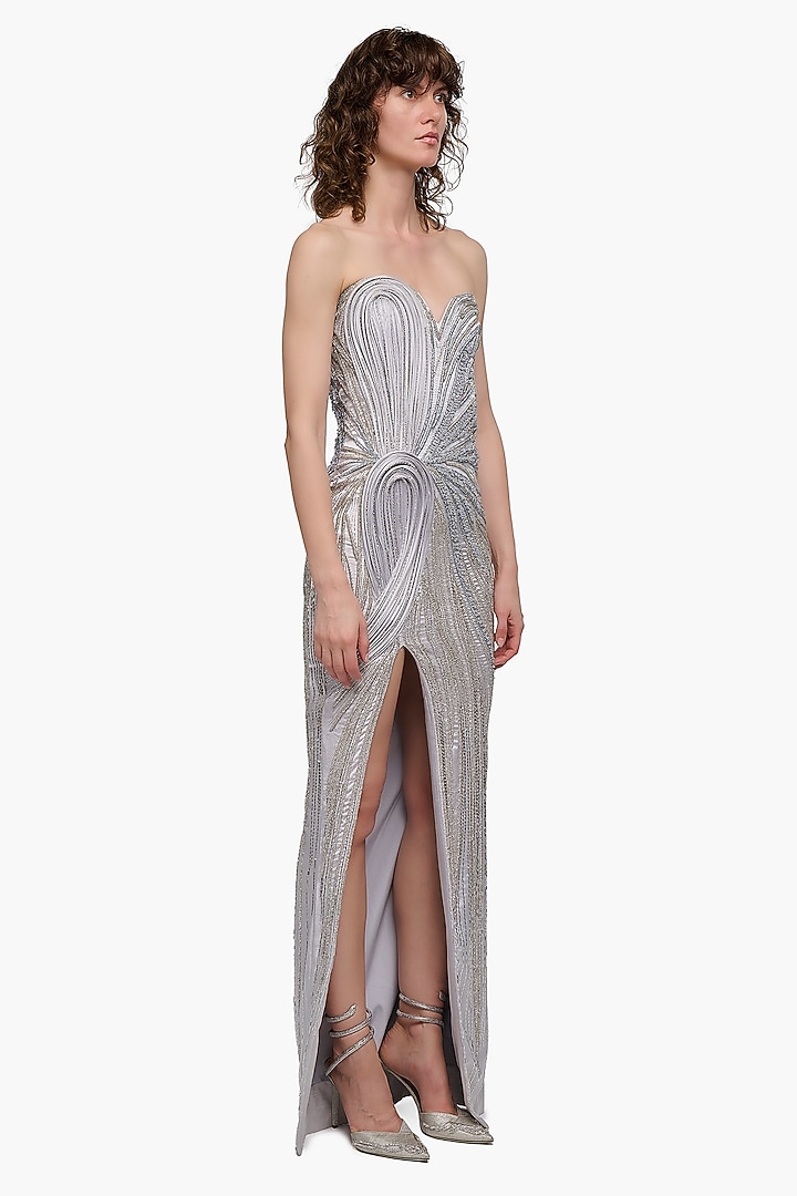 Silver Ash Satin Embroidered Strapless Bridal Gown by Gaurav Gupta at Pernia's Pop Up Shop