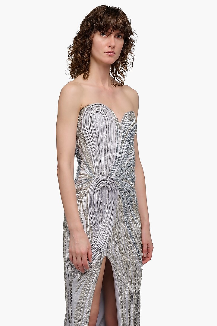 Silver Ash Satin Embroidered Strapless Bridal Gown by Gaurav Gupta at Pernia's Pop Up Shop
