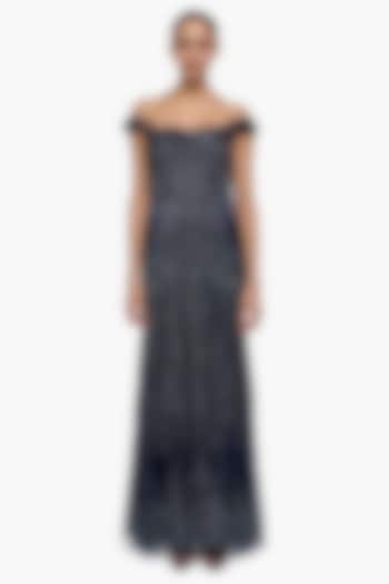 Midnight Blue Satin Embroidered Off-Shoulder Bridal Gown by Gaurav Gupta at Pernia's Pop Up Shop