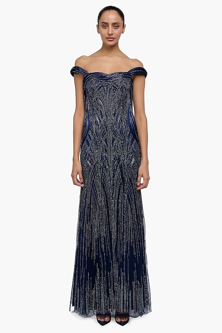 Midnight Blue Satin Embroidered Off-Shoulder Bridal Gown by Gaurav Gupta at Pernia's Pop Up Shop