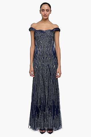 Midnight Blue Satin Embroidered Off-Shoulder Gown by Gaurav Gupta