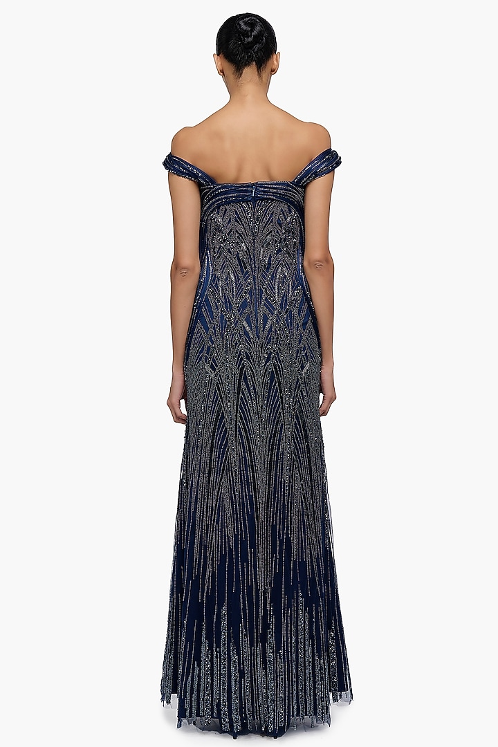 Midnight Blue Satin Embroidered Off-Shoulder Bridal Gown by Gaurav Gupta at Pernia's Pop Up Shop
