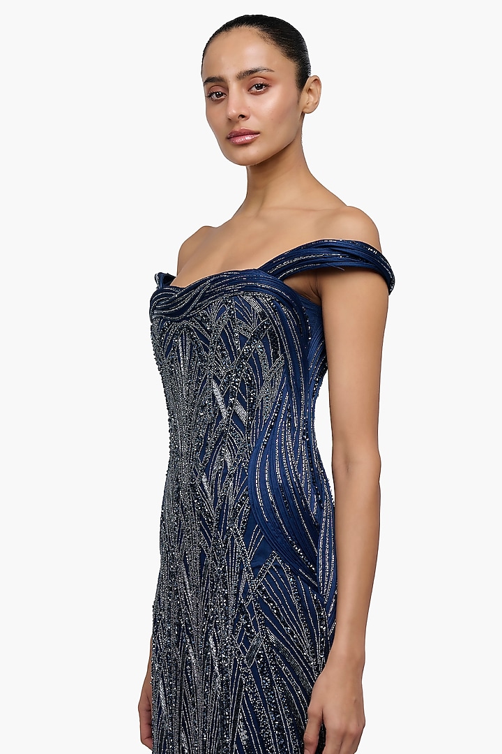 Midnight Blue Satin Embroidered Off-Shoulder Bridal Gown by Gaurav Gupta at Pernia's Pop Up Shop