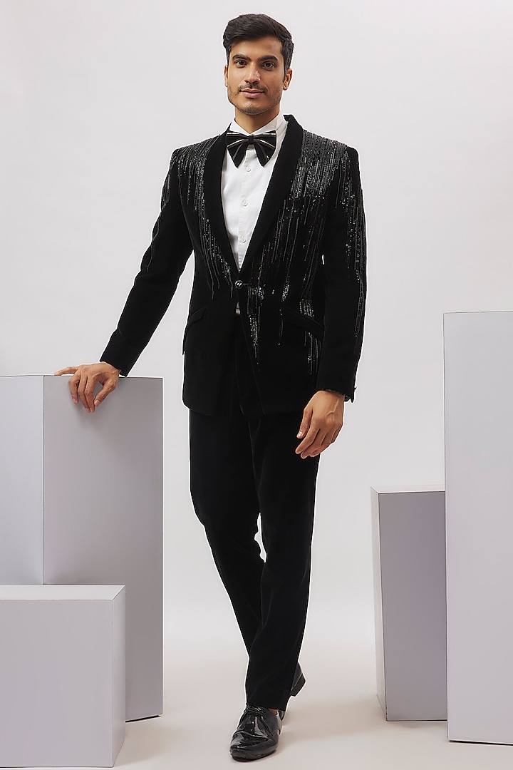 Black Velvet Meteor Shower Embroidered Tuxedo Set by Gaurav Gupta Men at Pernia's Pop Up Shop