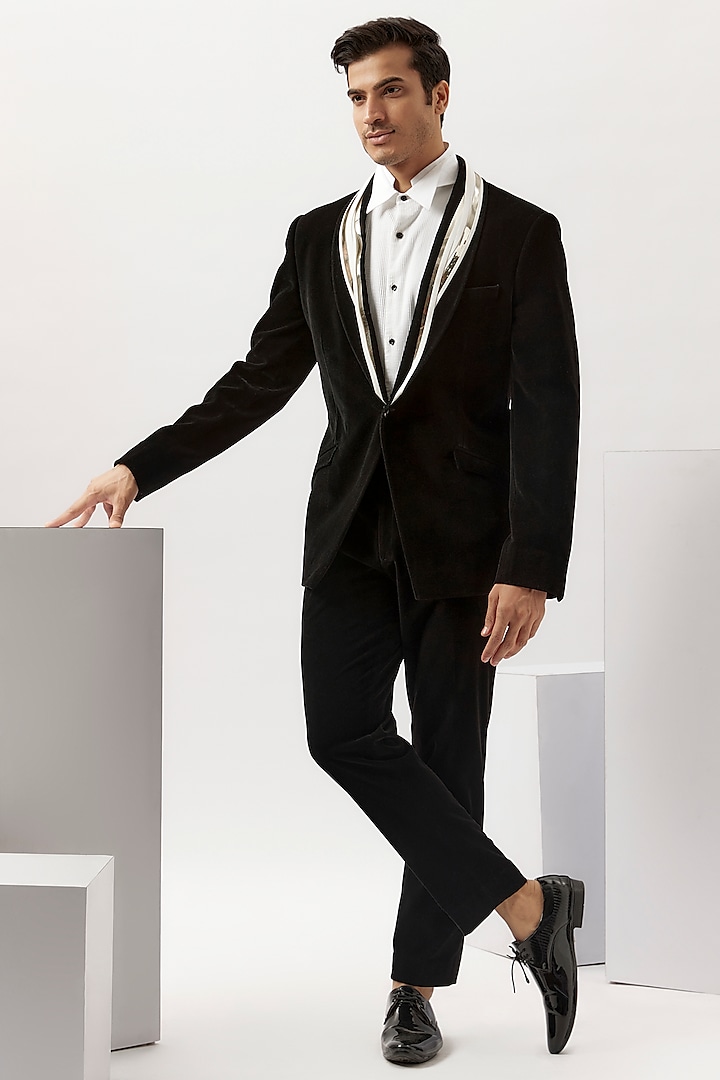 Black Satin & Velvet Tuxedo Set by Gaurav Gupta Men at Pernia's Pop Up Shop