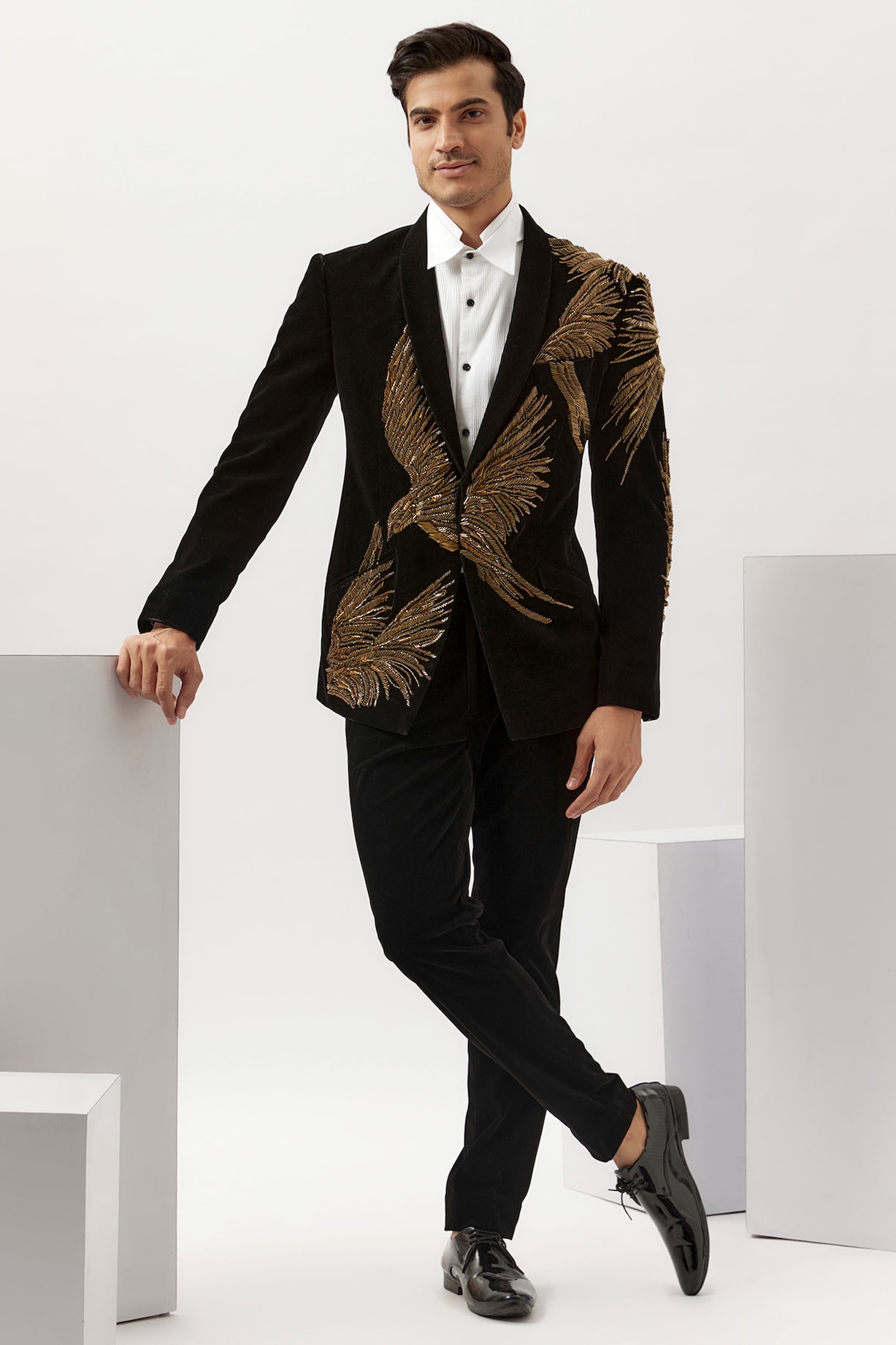 Black Velvet Gold Embroidered Tuxedo Set by Gaurav Gupta Men at Pernia's  Pop Up Shop 2026