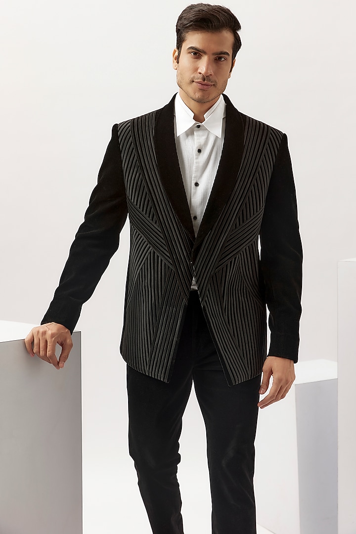 Black Velvet Tuxedo Set by Gaurav Gupta Men at Pernia's Pop Up Shop