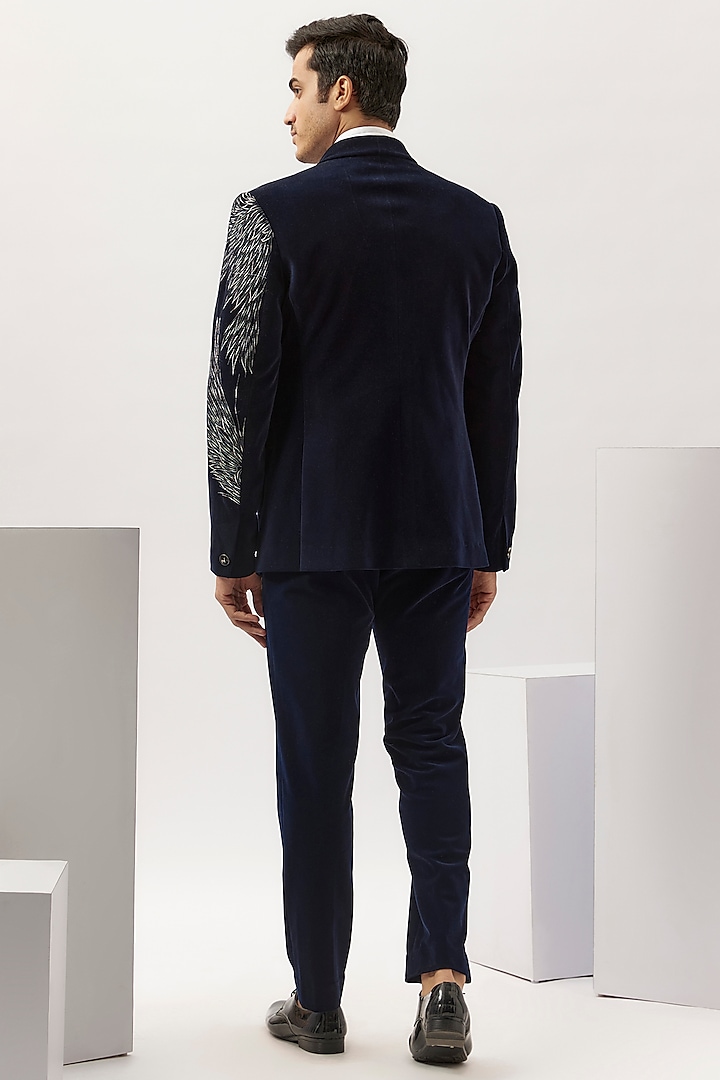 Navy Velvet Thread Work Tuxedo Set by Gaurav Gupta Men at Pernia's Pop Up Shop