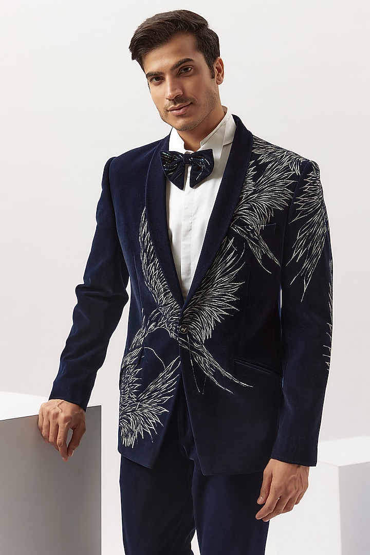 Navy Velvet Thread Work Tuxedo Set by Gaurav Gupta Men at Pernia's Pop Up Shop
