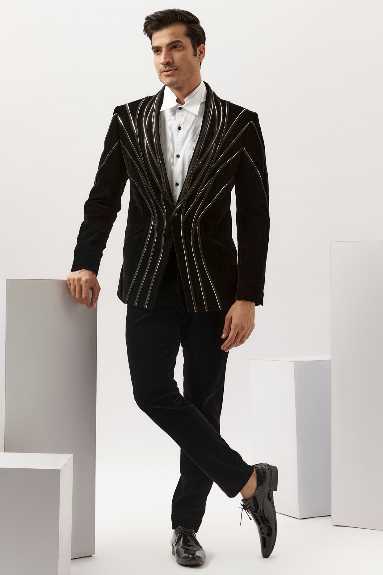 Black Velvet Tuxedo Set by Gaurav Gupta Men at Pernia's Pop Up