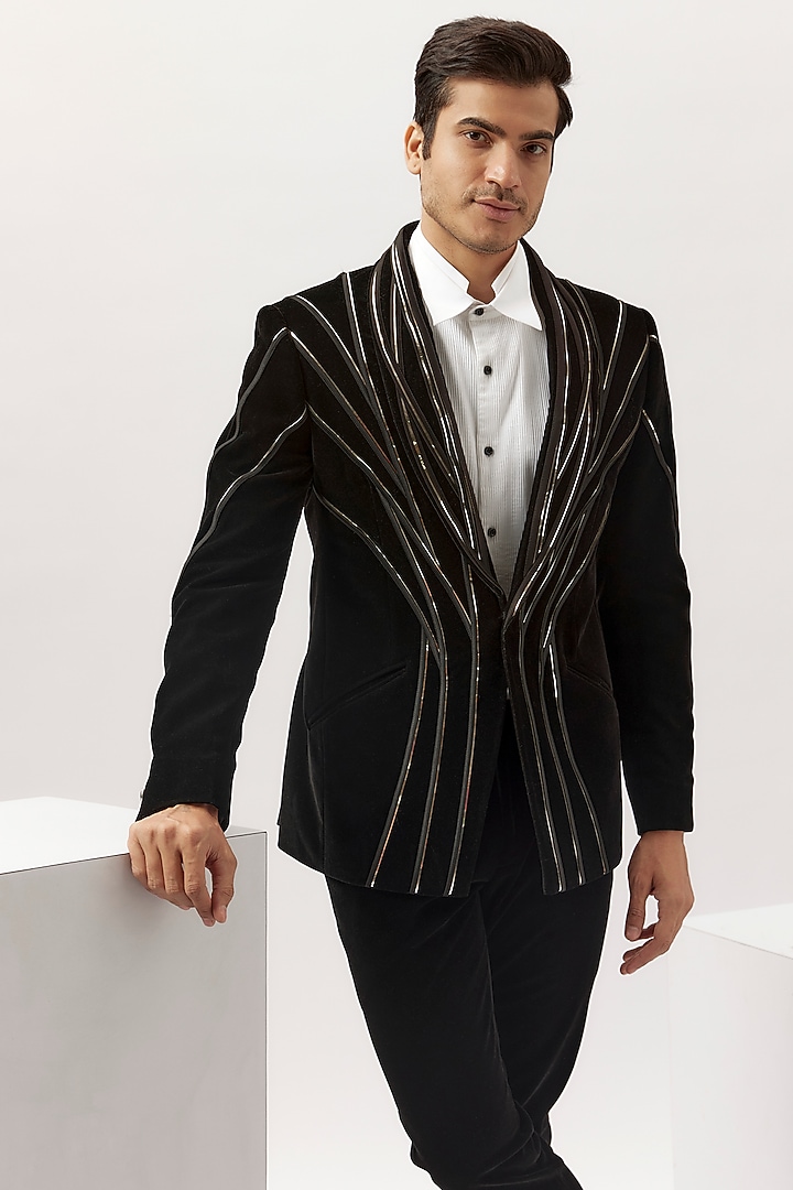 Black Velvet Tuxedo Set by Gaurav Gupta Men at Pernia's Pop Up Shop