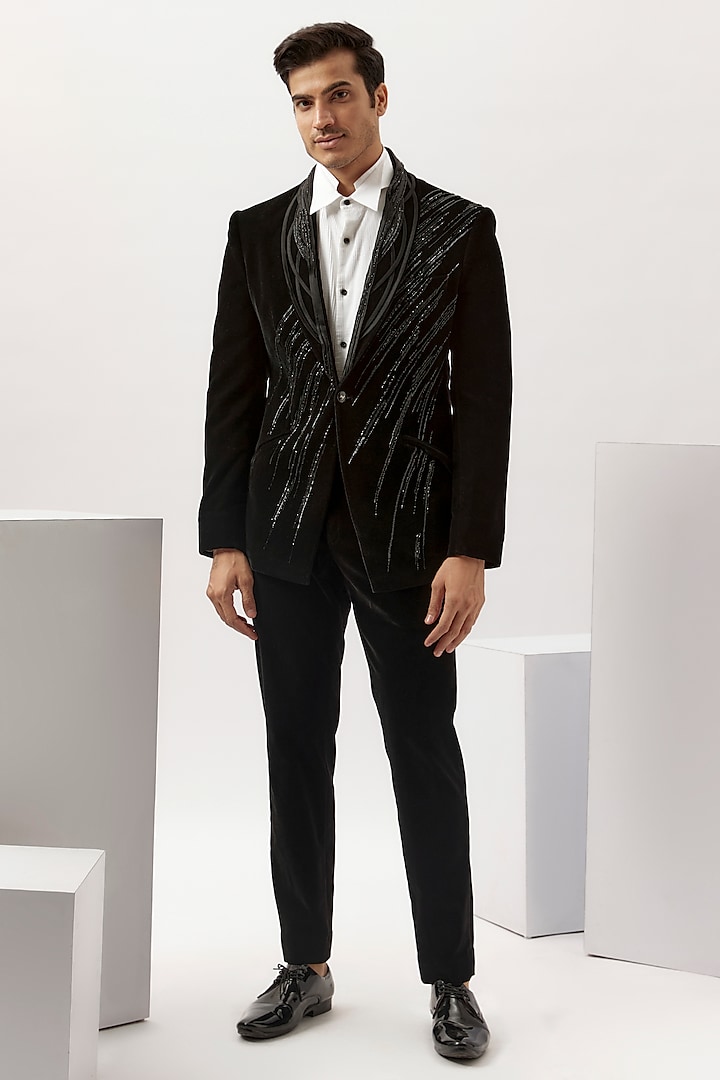 Black Velvet Embroidered Tuxedo Set by Gaurav Gupta Men