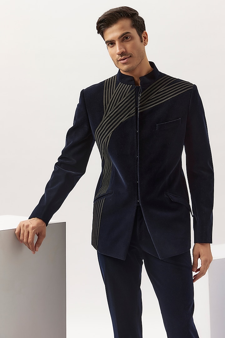Black Velvet Groom Bandhgala Set by Gaurav Gupta Men at Pernia's Pop Up Shop
