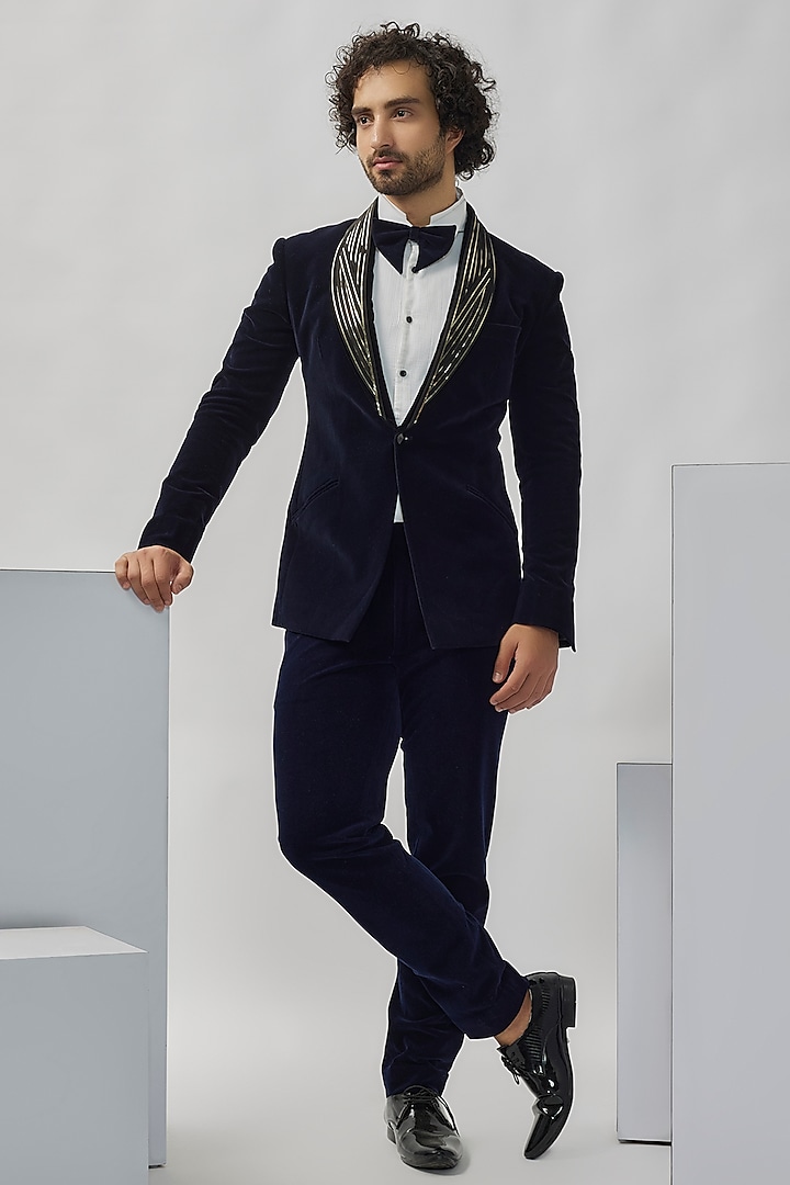 Midnight Blue Velvet Asymmetric Sculpted Tuxedo Set by Gaurav Gupta Men at Pernia's Pop Up Shop