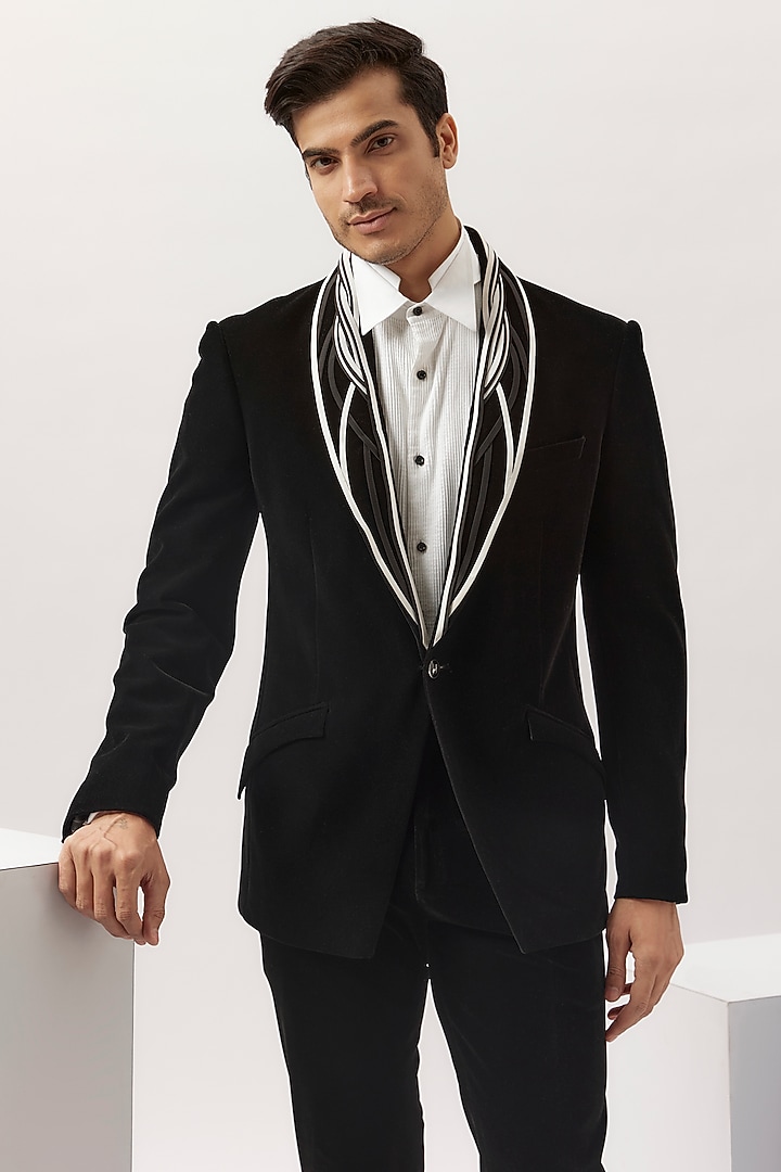 Black Velvet Tuxedo Set by Gaurav Gupta Men at Pernia's Pop Up Shop