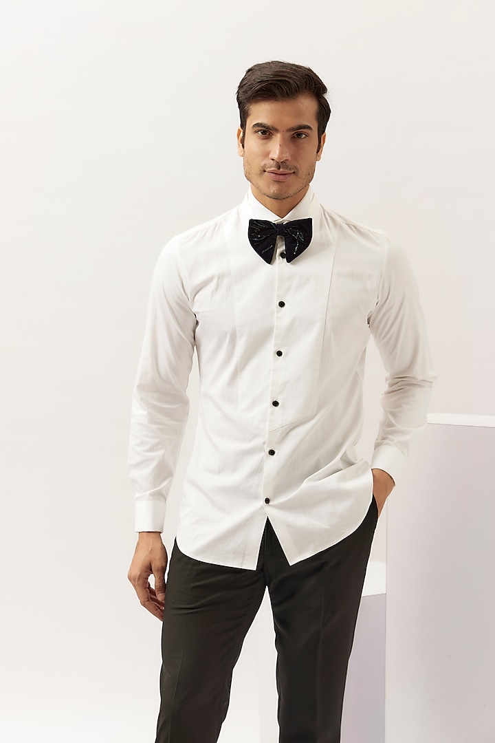 White Cotton Satin Tuxedo Shirt by Gaurav Gupta Men at Pernia's Pop Up Shop