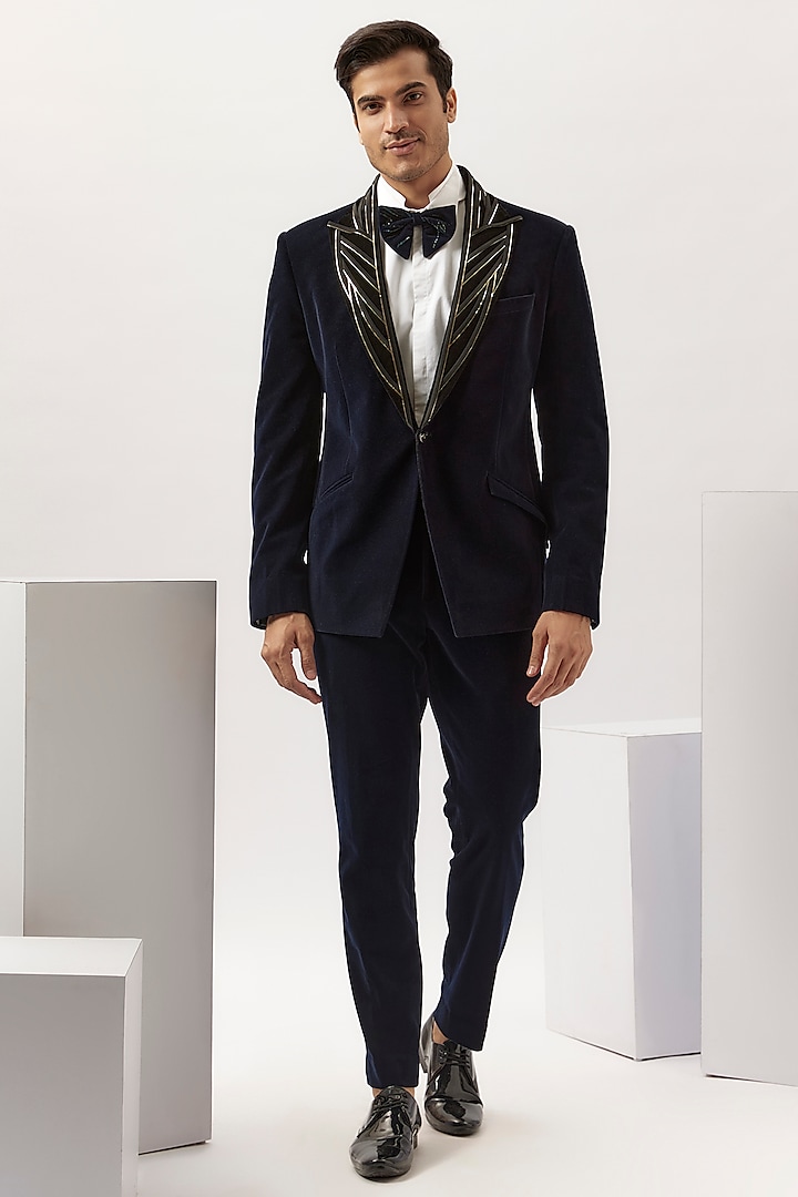 Midnight Blue Velvet Tuxedo Set by Gaurav Gupta Men