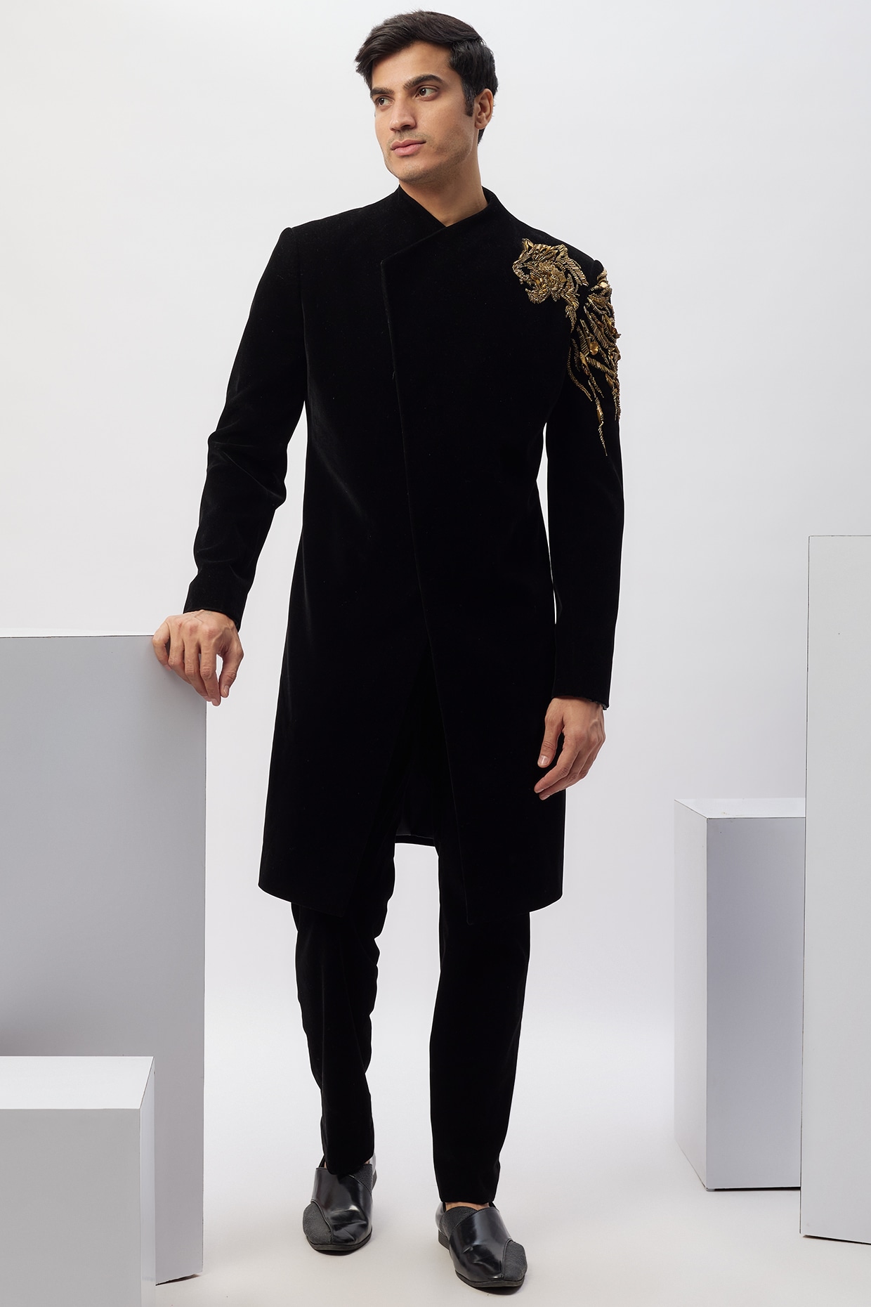 Black Velvet Embroidered Asymmetric Jacket Set by Gaurav