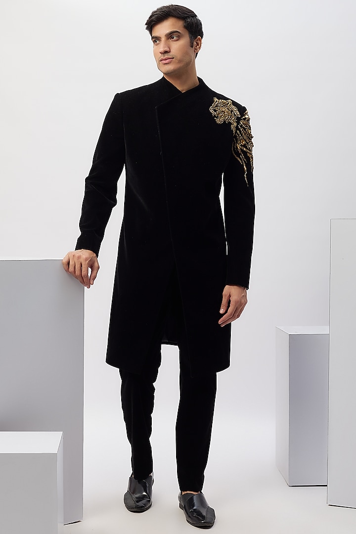 Black Velvet Embroidered Asymmetric Jacket Set by Gaurav Gupta Men at Pernia's Pop Up Shop