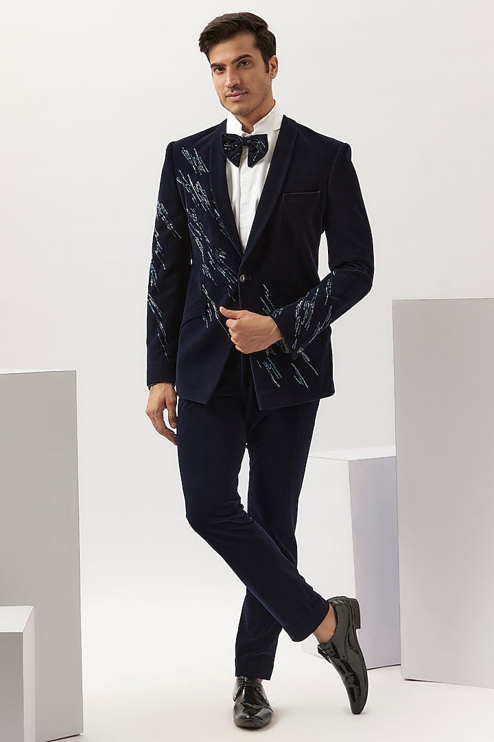 Midnight Blue Velvet Tuxedo Set by Gaurav Gupta Men