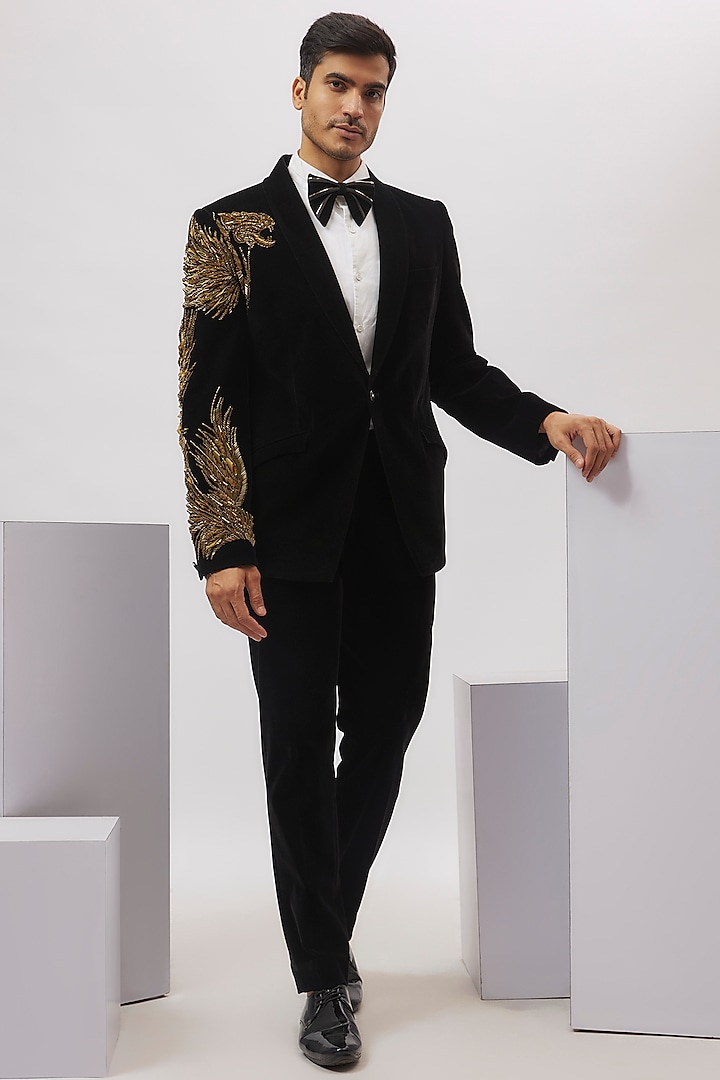 Black Velvet Gold Metallic Hand Embroidered Tuxedo Set by Gaurav Gupta Men at Pernia's Pop Up Shop