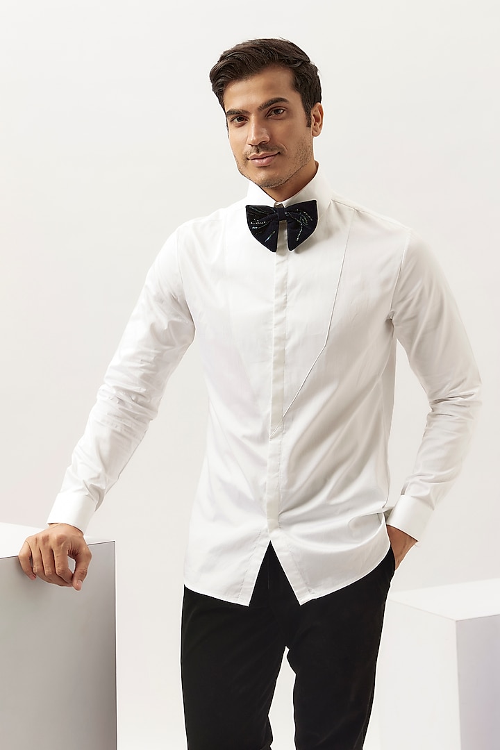 White Cotton Satin Tuxedo Shirt by Gaurav Gupta Men