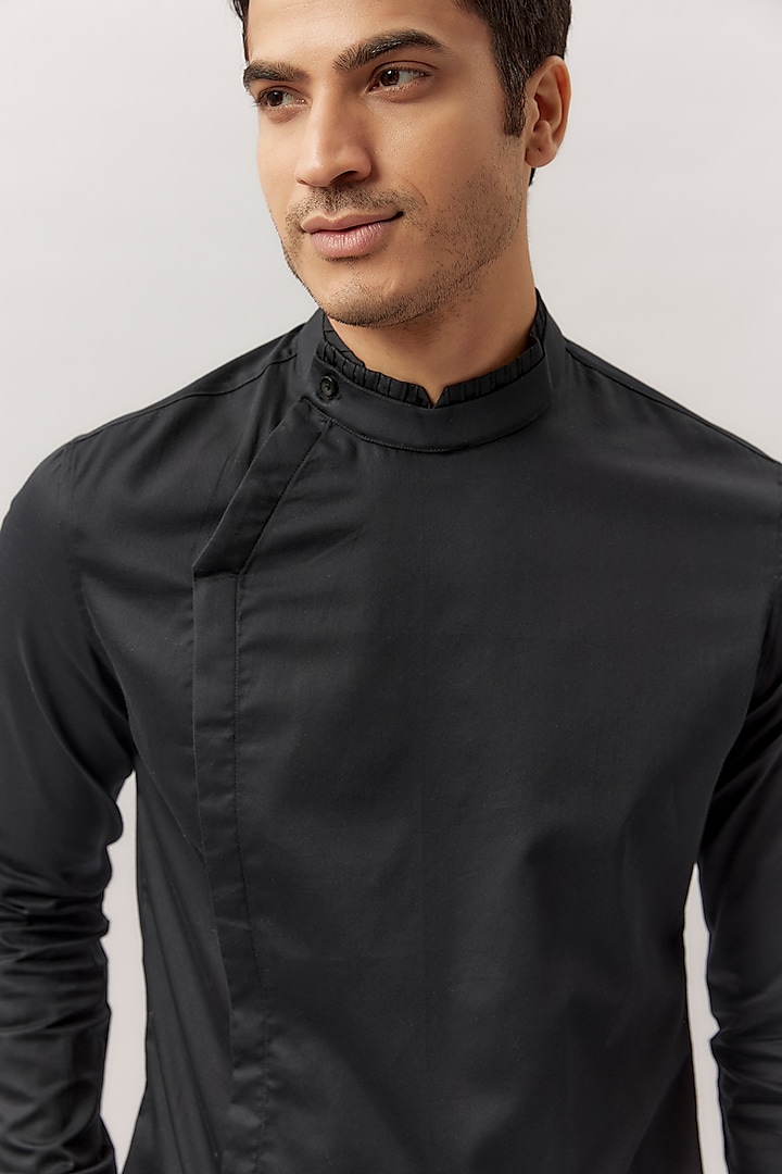 Black Cotton Satin Wedding Shirt by Gaurav Gupta Men at Pernia's Pop Up Shop