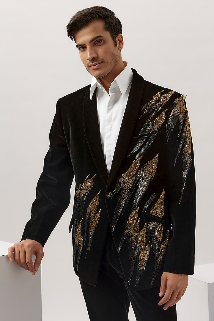 Black Velvet Hand Embroidered Tuxedo Set by Gaurav Gupta Men at Pernia's Pop Up Shop