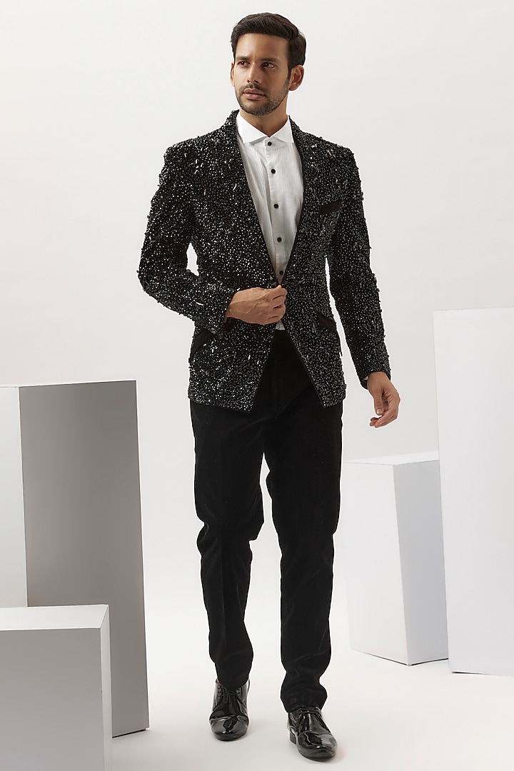 Black Velvet Crystal Embroidered Tuxedo Set by Gaurav Gupta Men