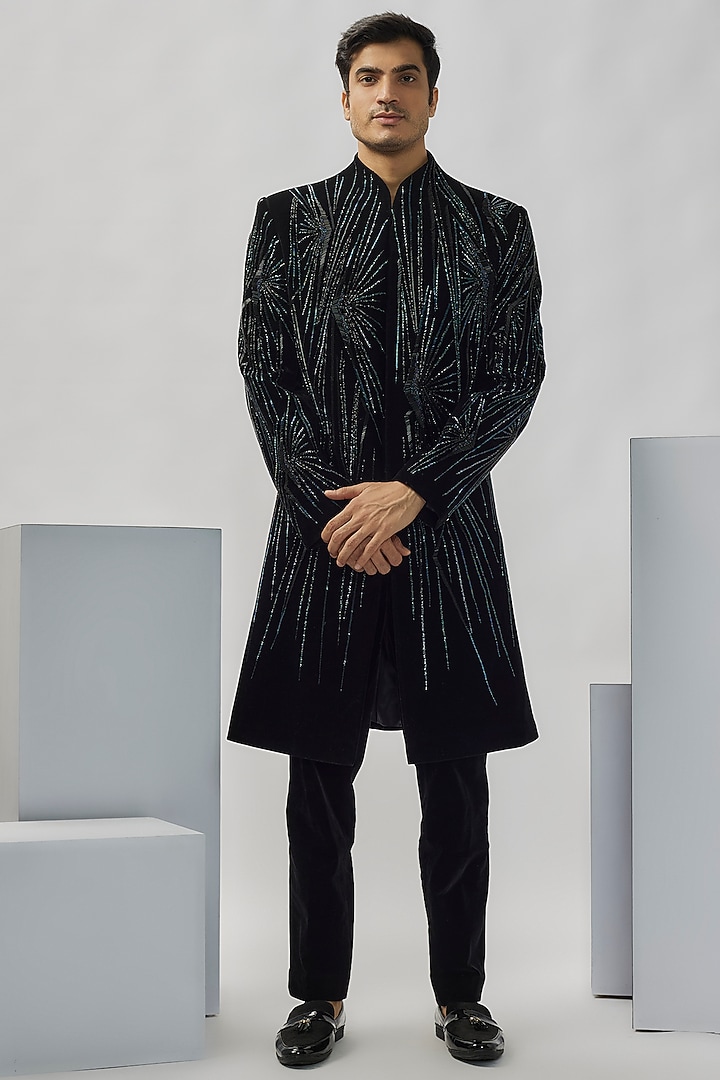 Black Velvet Groom Indowestern Set by Gaurav Gupta Men at Pernia's Pop Up Shop