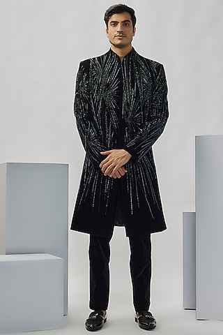 Black Velvet Indowestern Set by Gaurav Gupta Men